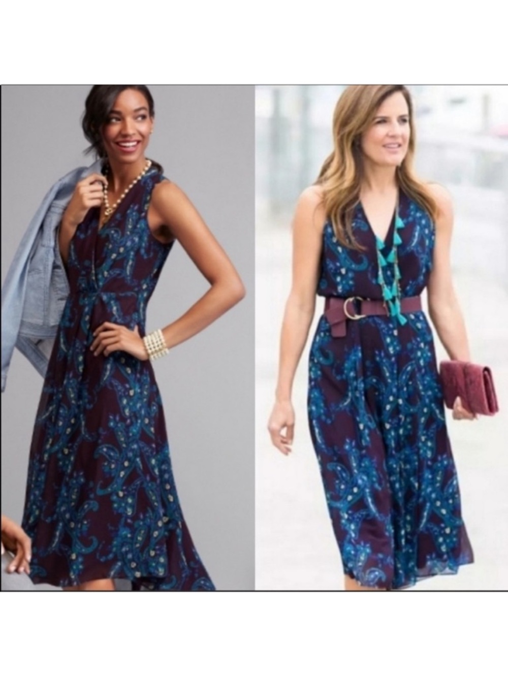 Cabi Purple blue Floral Paisley Treasure Midi chiffon sleeveless Dress 8